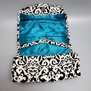 Rolll Up & Snap Jewelry or Make up Travel Bag ♡ Black & White Pattern‎ W/Teal